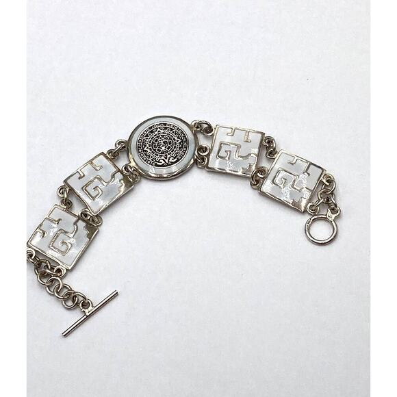 Alpaca Bracelet Mayan Calendar White Enamel Silver Tone 7” Linked - Picture 1 of 11